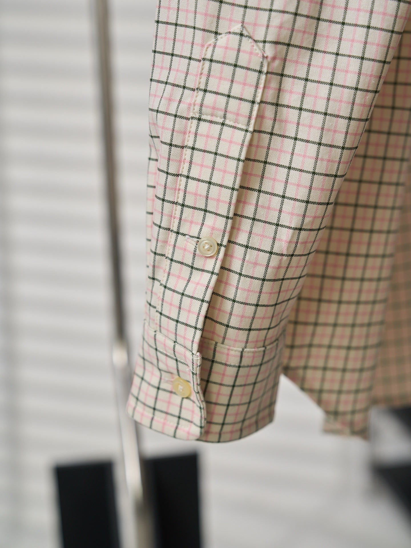 Ralph Lauren plaid shirt sleeve close-up with button placket and cuff
