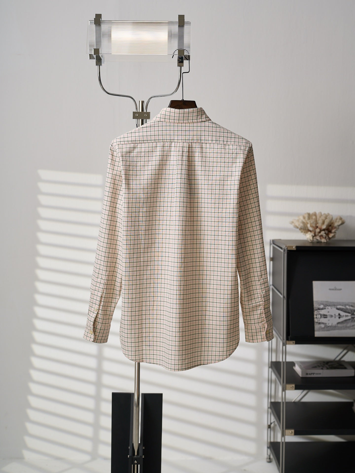 Ralph Lauren plaid button-up shirt on hanger, back view with long sleeves