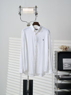 Ralph Lauren white button-up shirt with navy polo player logo, long sleeves