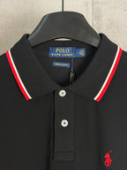 Black polo shirt with button placket, POLO Ralph Lauren tag, red pony logo