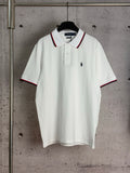 White Ralph Lauren polo shirt with red and navy striped collar, button placket