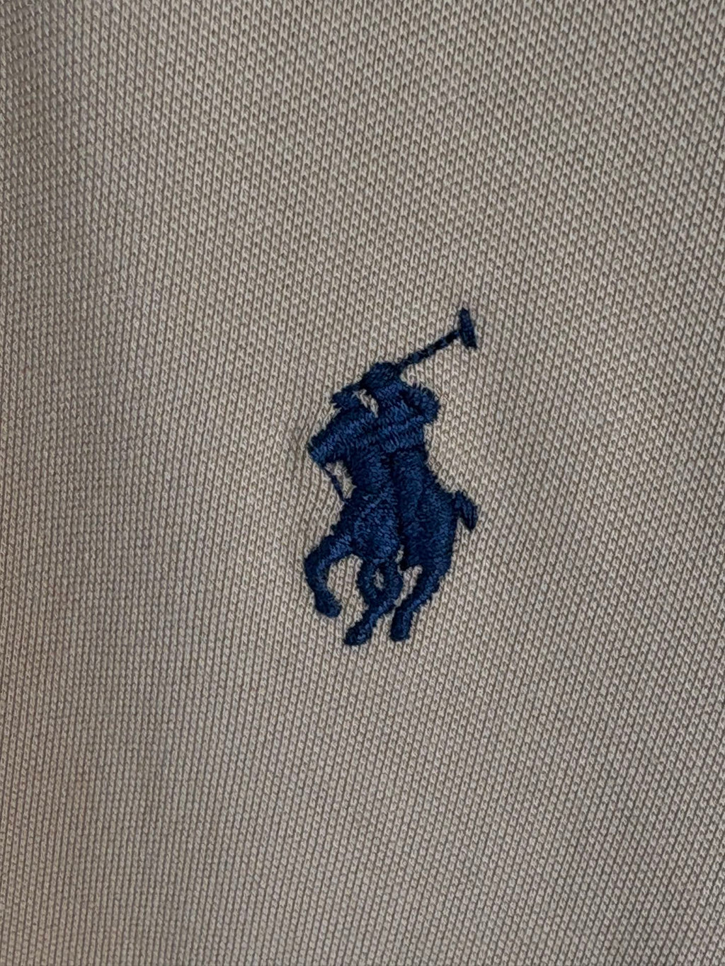 Embroidered Polo Ralph Lauren rider logo on tan pique fabric