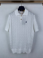 Ralph Lauren white cable-knit polo shirt with short sleeves and button placket