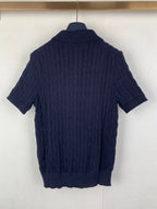 Dark navy cable-knit polo shirt, short-sleeve back view