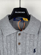 Polo Ralph Lauren knit polo sweater close-up of collar, buttons, and chest logo