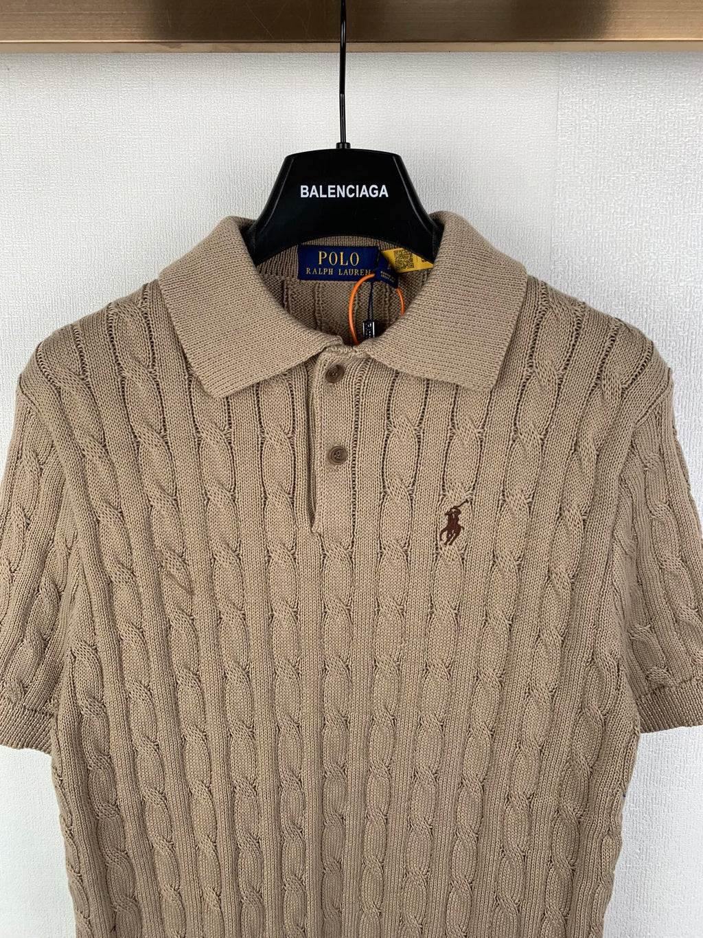 Ralph Lauren knit polo shirt in tan with pointed collar and button front