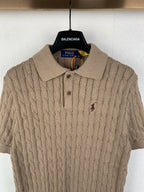 Ralph Lauren knit polo shirt in tan with pointed collar and button front