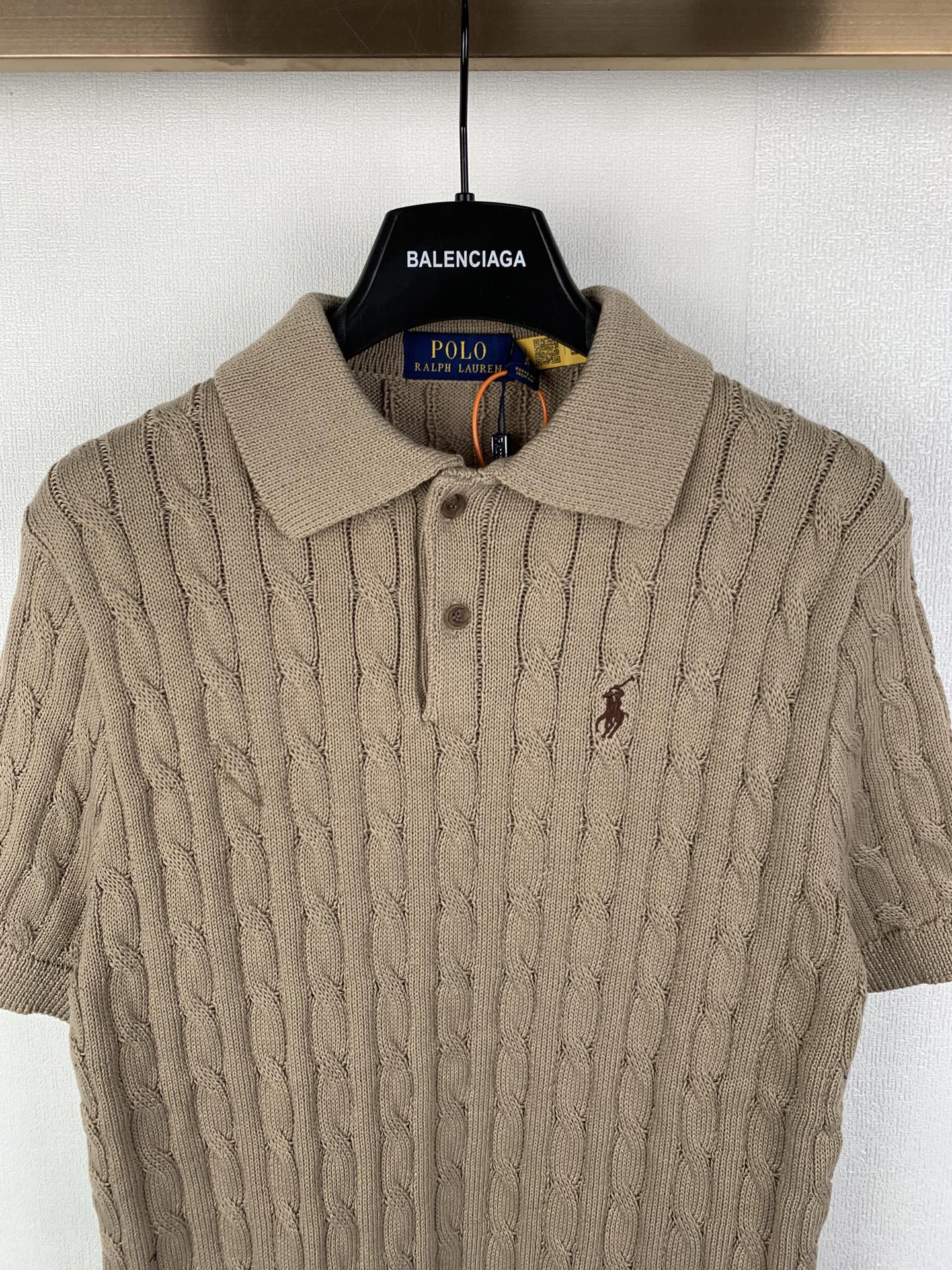 Ralph Lauren knit polo shirt in tan with pointed collar and button front