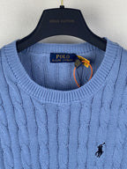 Light blue Polo Ralph Lauren crewneck knit sweater with small horse logo detail
