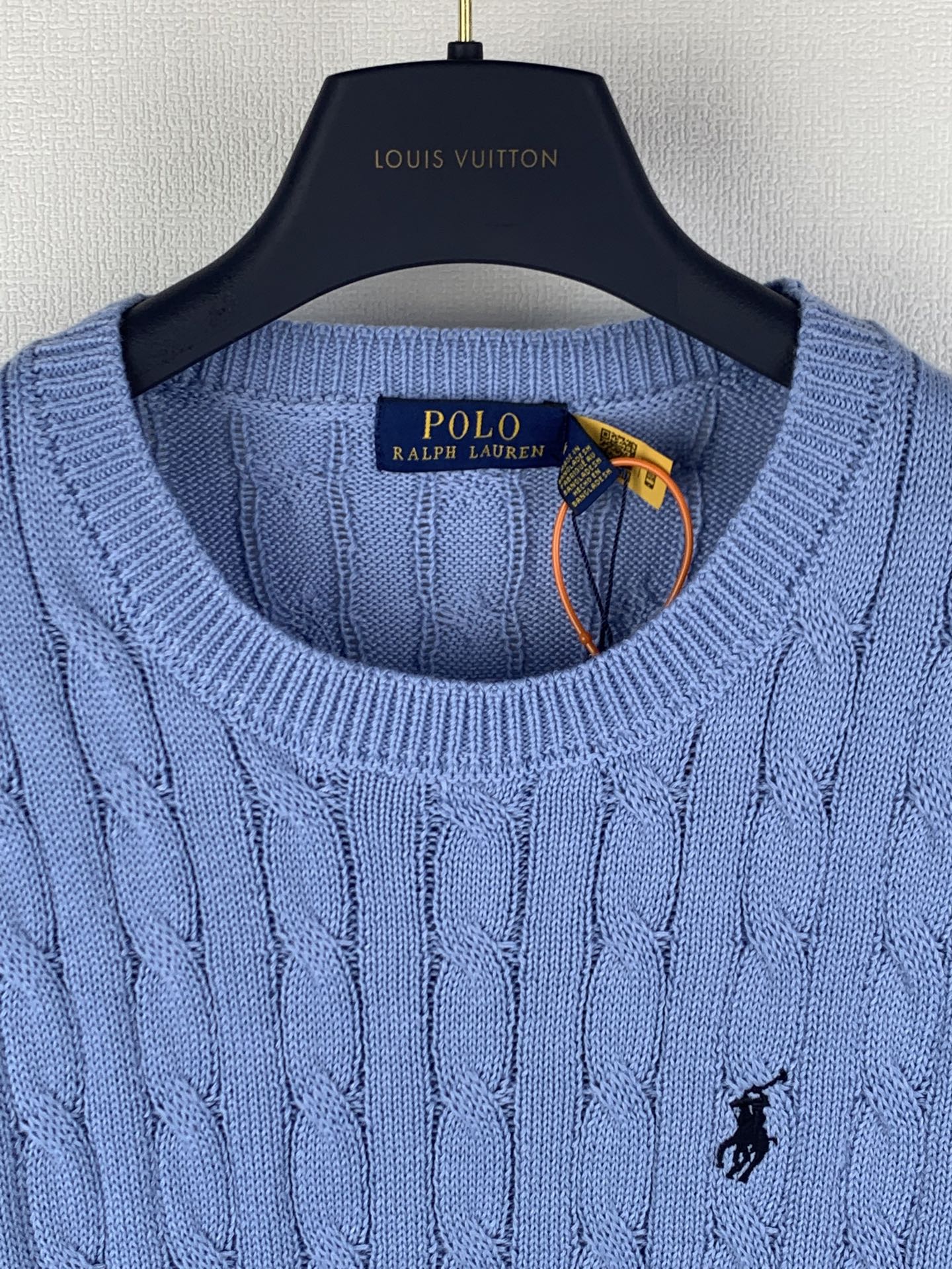 Light blue Polo Ralph Lauren crewneck knit sweater with small horse logo detail
