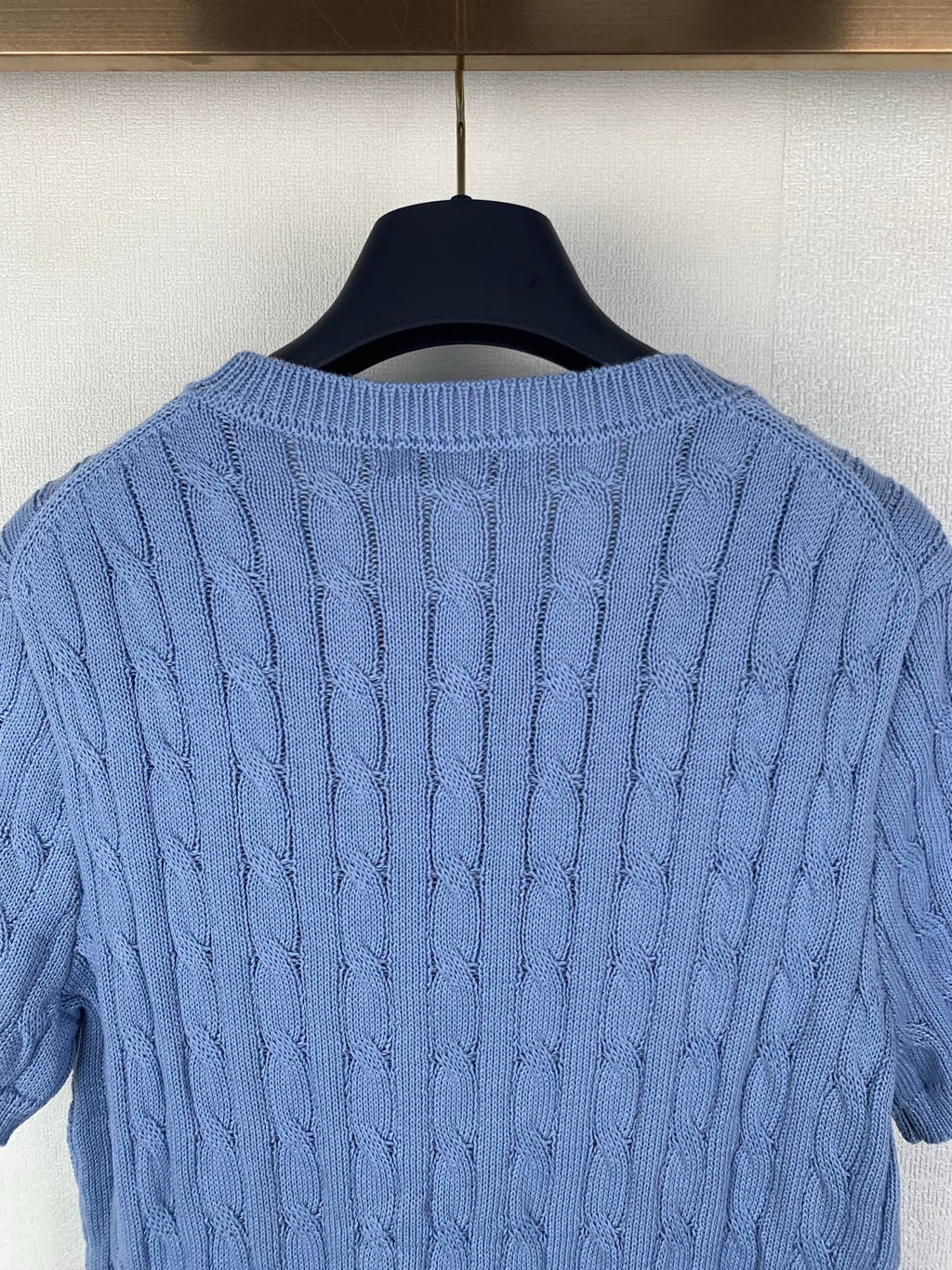 Light blue Polo Ralph Lauren knit sweater back, ribbed crew neck and cable knit