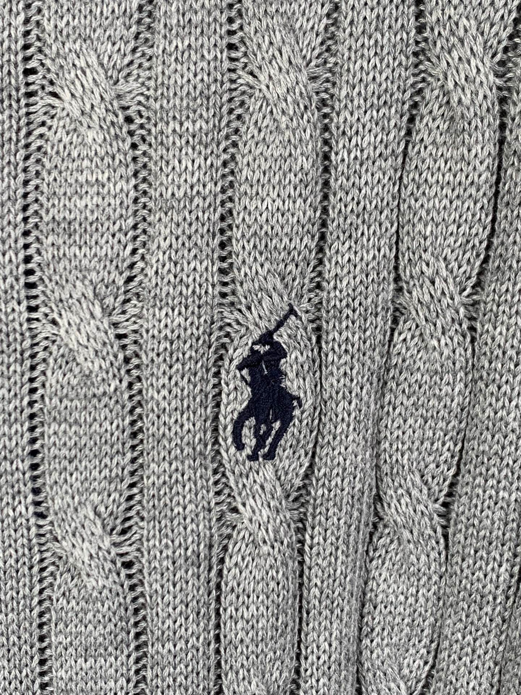 Gray cable-knit polo shirt with small navy embroidered logo on the chest