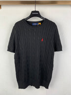 Ralph Lauren cable-knit sweater, dark knit with small red logo on chest