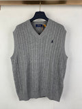 Gray knit sleeveless sweater vest with V-neck and small Polo logo on chest
