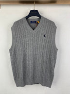 Gray knit sleeveless sweater vest with V-neck and small Polo logo on chest