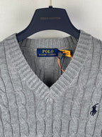 Gray knit sleeveless sweater vest close-up of V-neck and Polo logo