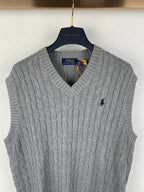 Gray cable-knit sleeveless sweater vest with V-neck and Polo logo detail