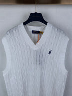White sleeveless cable-knit sweater vest with V-neck and Polo logo