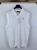 White cable-knit sweater vest with V-neck and small Polo logo on chest