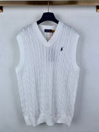 White cable-knit sweater vest with V-neck and small Polo logo on chest