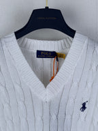 White V-neck cable-knit sweater vest with Polo logo on chest