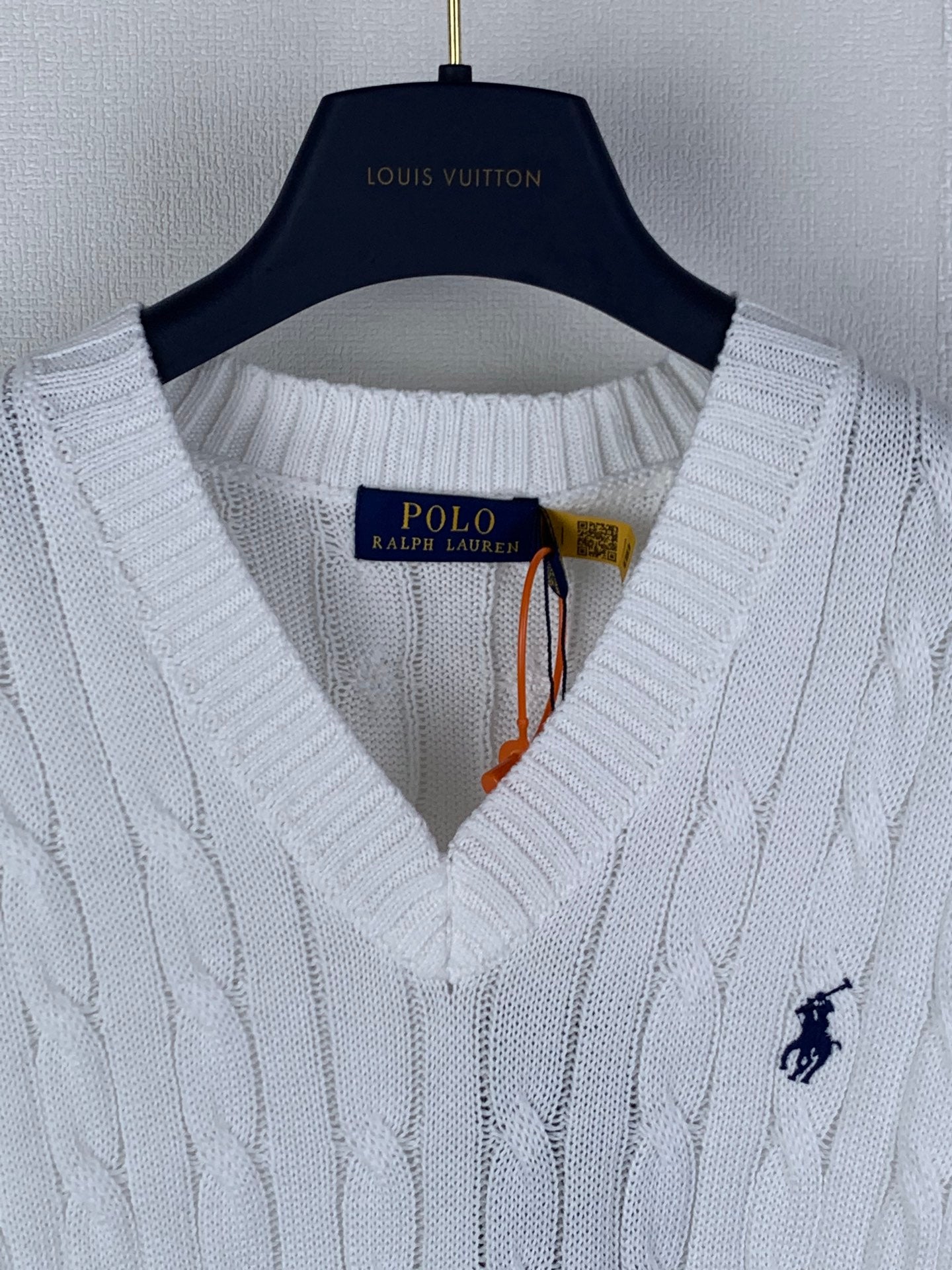 White V-neck cable-knit sweater vest with Polo logo on chest