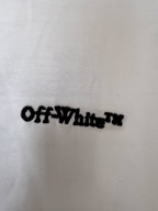 OffWhite™ wordmark on off-white T-shirt fabric