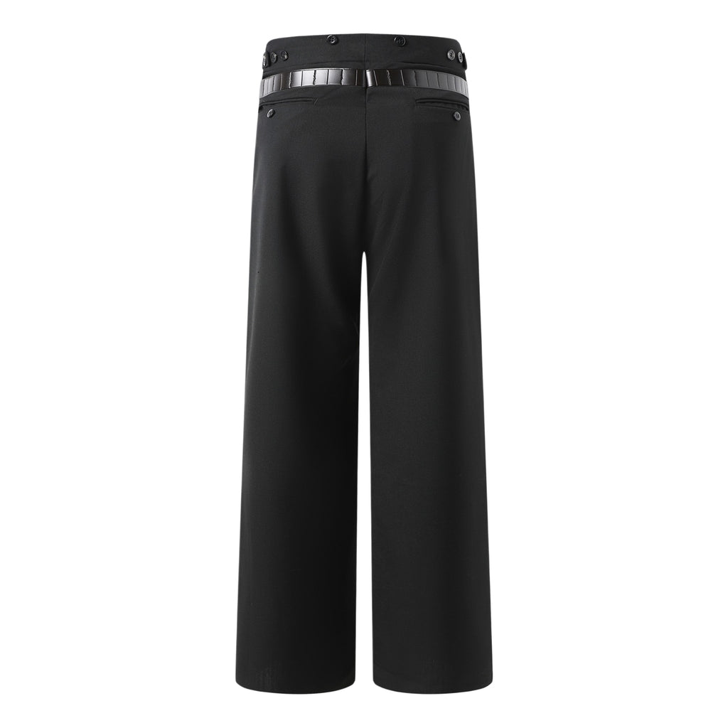 Black wide-leg pants with buttoned waistband and belt loops