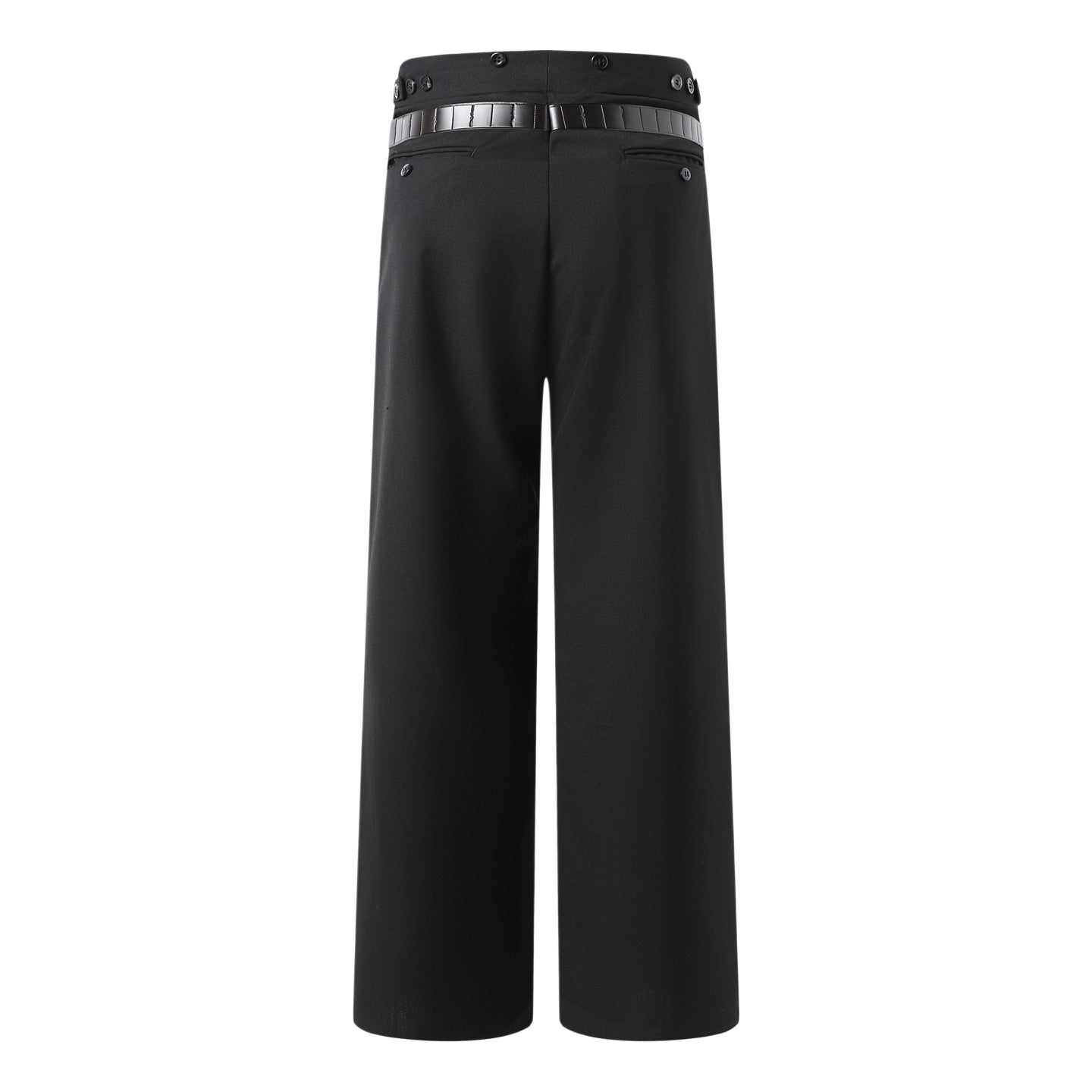 Black wide-leg pants with buttoned waistband and belt loops