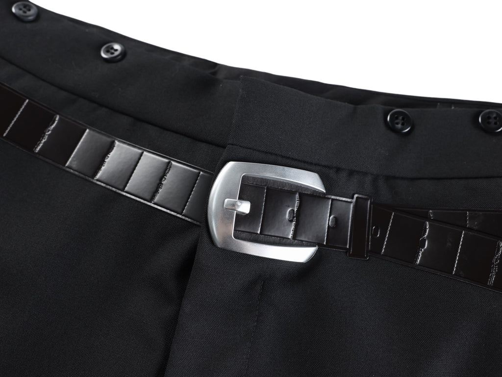 Black pants belt detail with metal buckle and wide stitched belt strap
