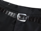 Black pants belt detail with metal buckle and wide stitched belt strap
