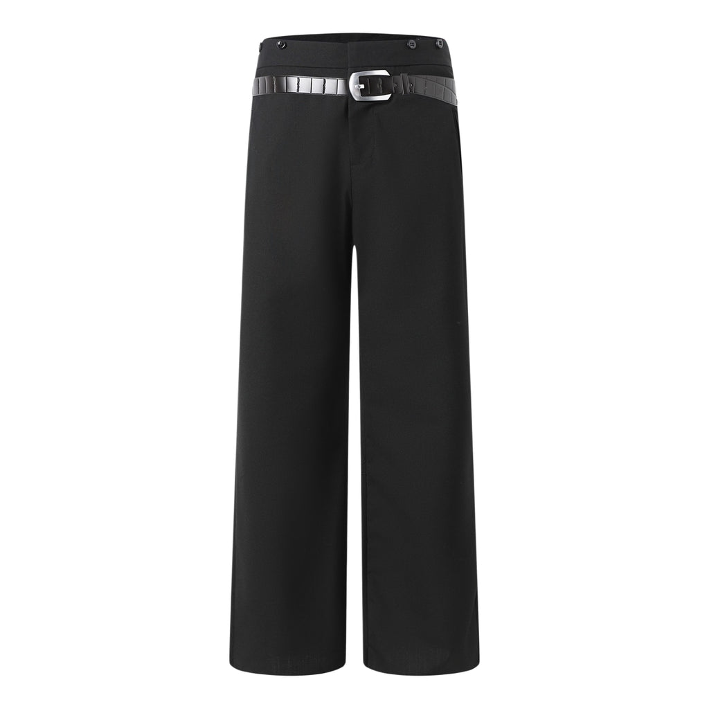 Black wide-leg pants with buttoned waistband and metal-buckle belt