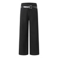 Black wide-leg pants with buttoned waistband and metal-buckle belt