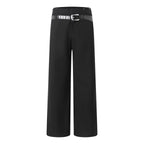 Black wide-leg pants with buttoned waistband and metal-buckle belt