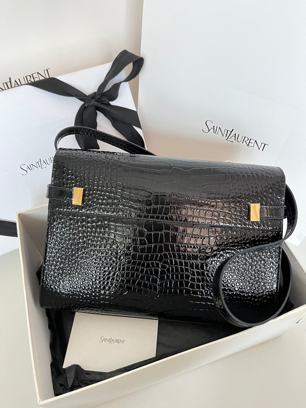 YSL black croc-texture satchel bag with gold-tone corner hardware and strap