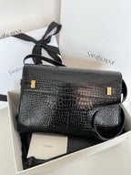 YSL black croc-texture satchel bag with gold-tone corner hardware and strap
