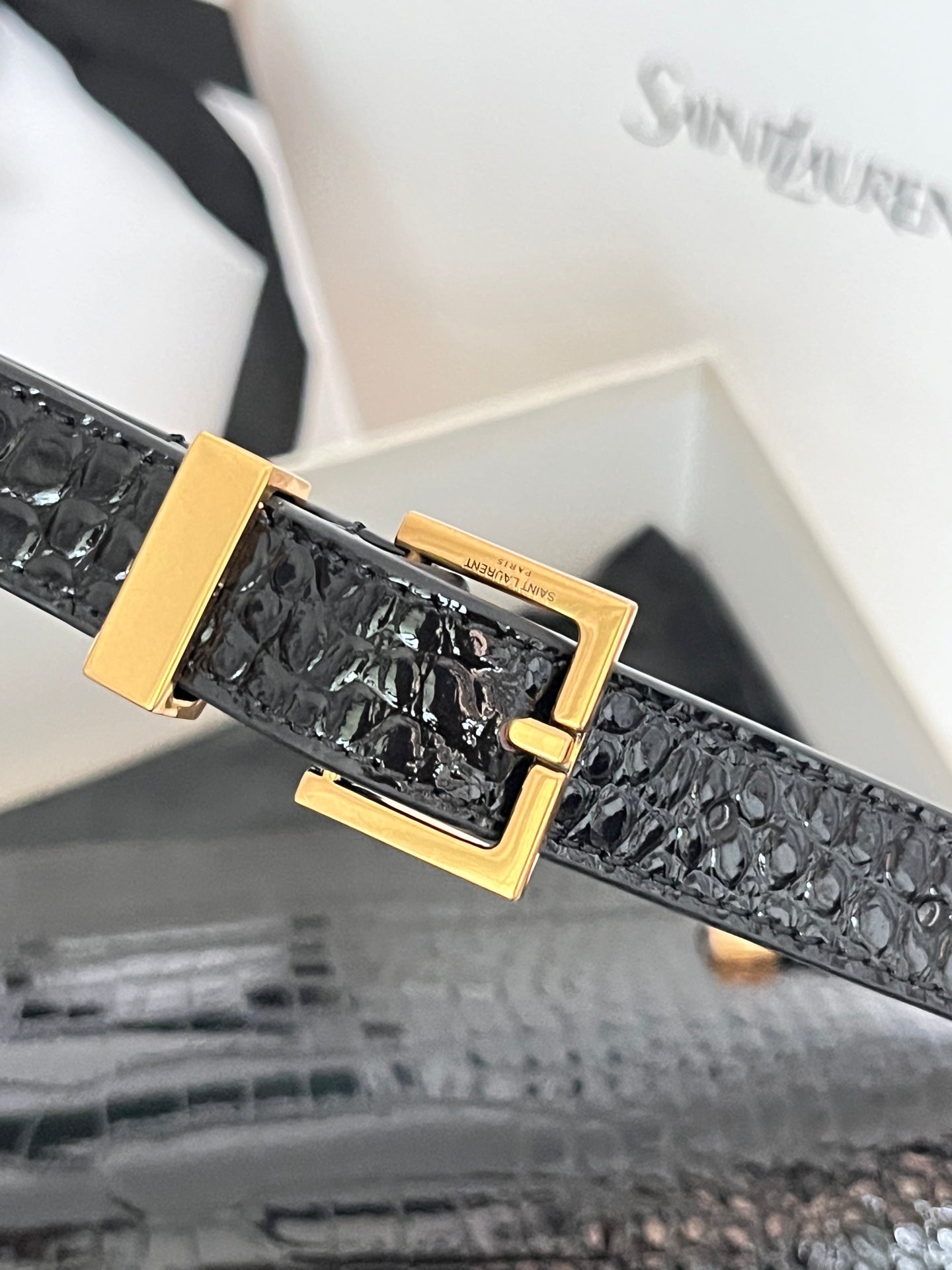 YSL black croc-texture clasp hardware with gold square buckle