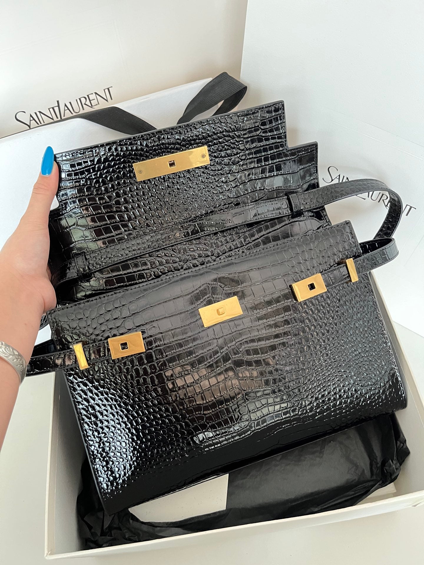 YSL black croc-texture handbag with gold-tone center bar and straps