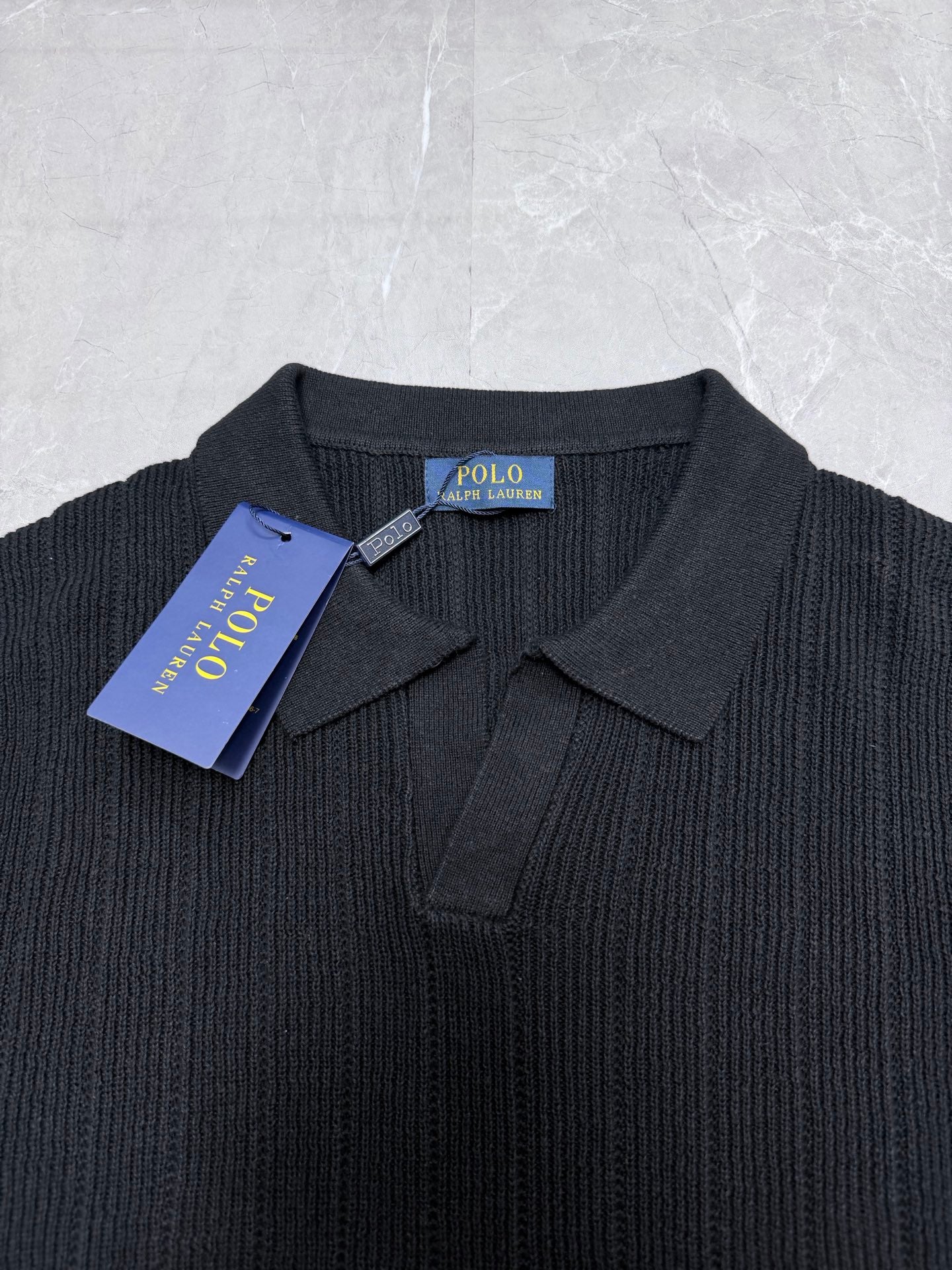 Ralph Lauren ribbed knit polo shirt in dark charcoal with spread collar and buttons