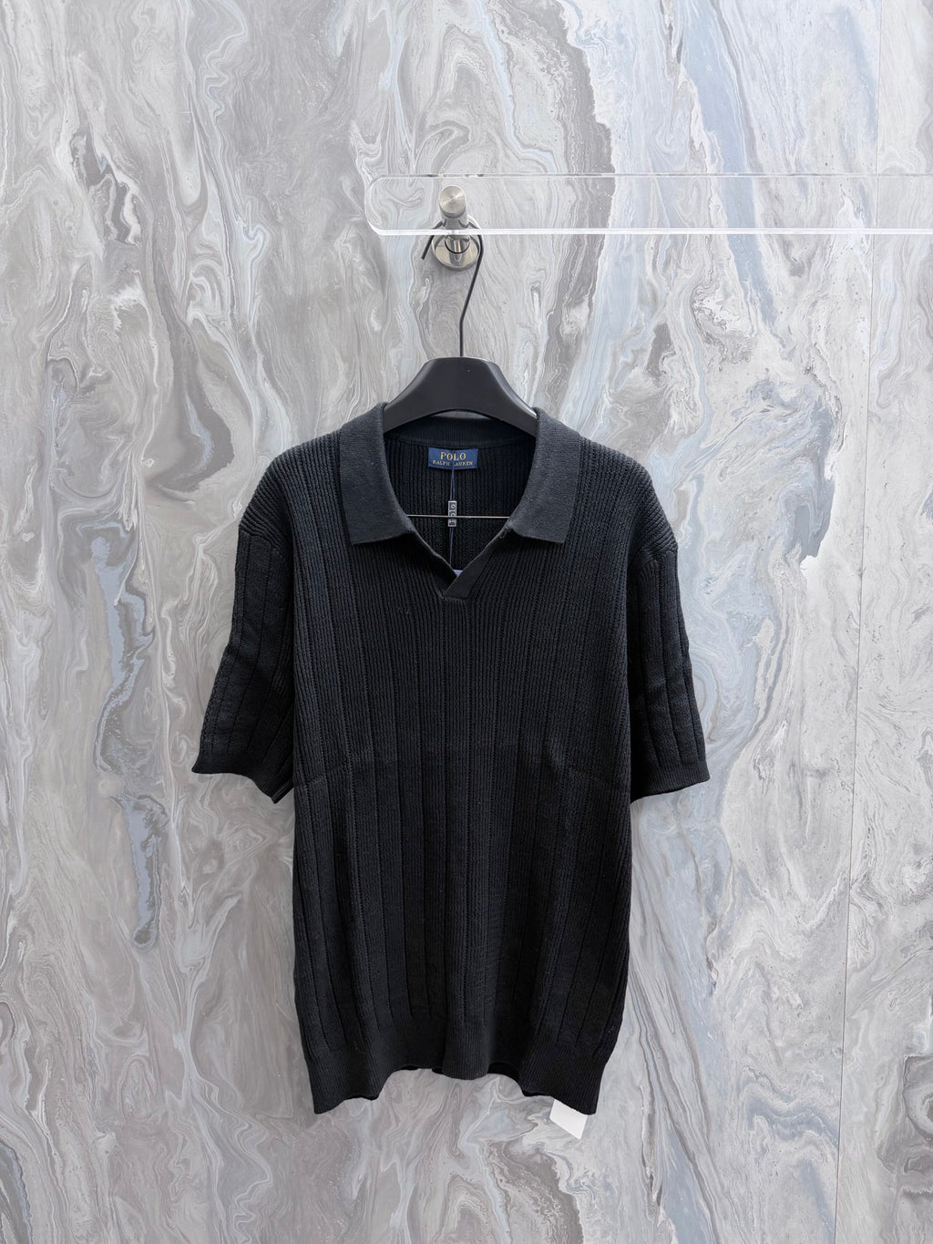 Ralph Lauren knit polo shirt in dark charcoal with short sleeves and button placket