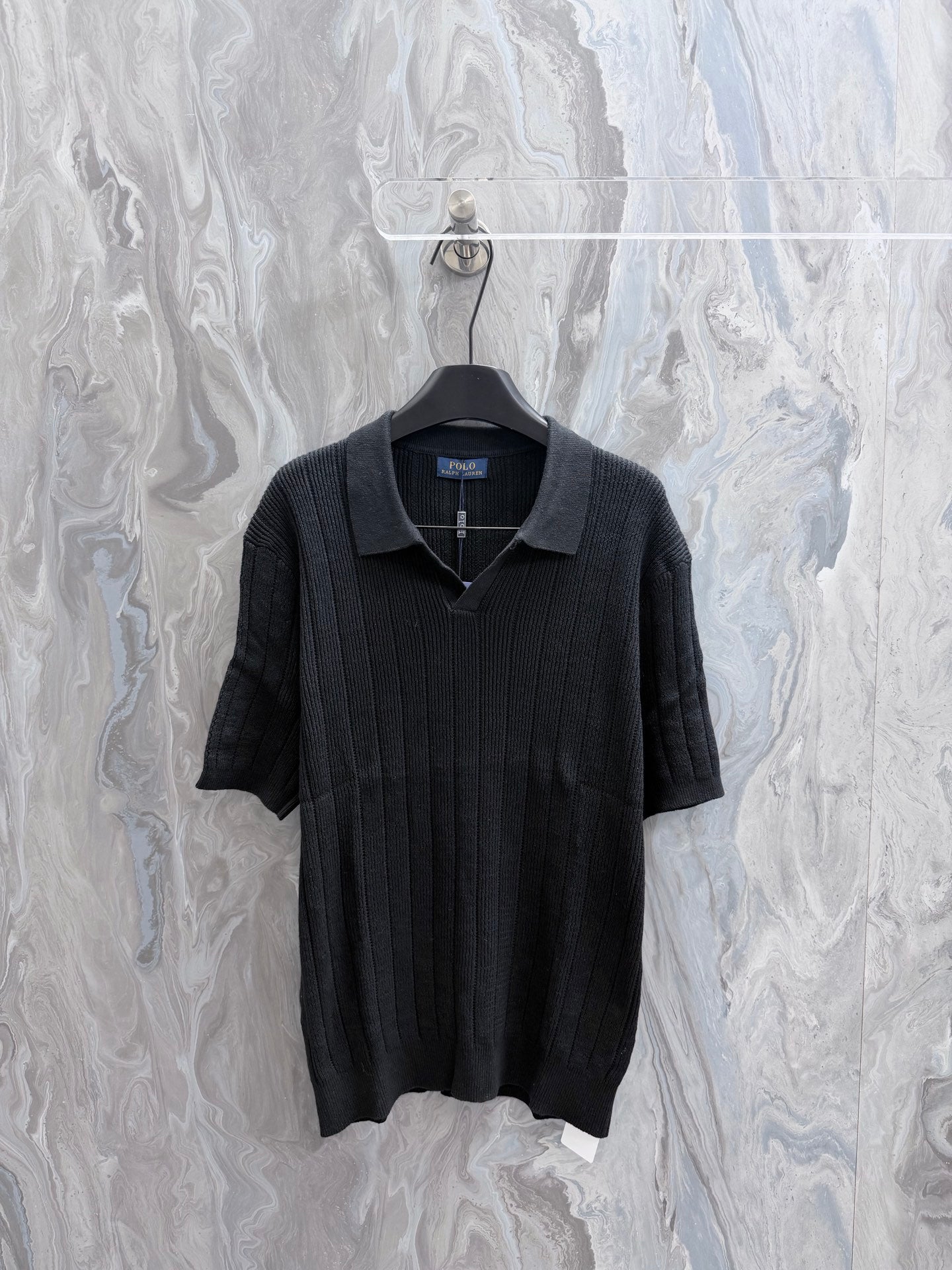 Ralph Lauren knit polo shirt in dark charcoal with short sleeves and button placket