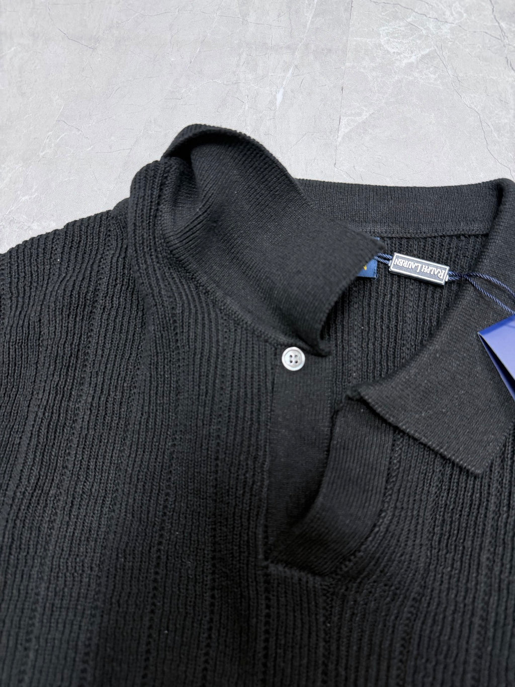 Ralph Lauren knit polo collar with button placket and ribbed texture in dark charcoal