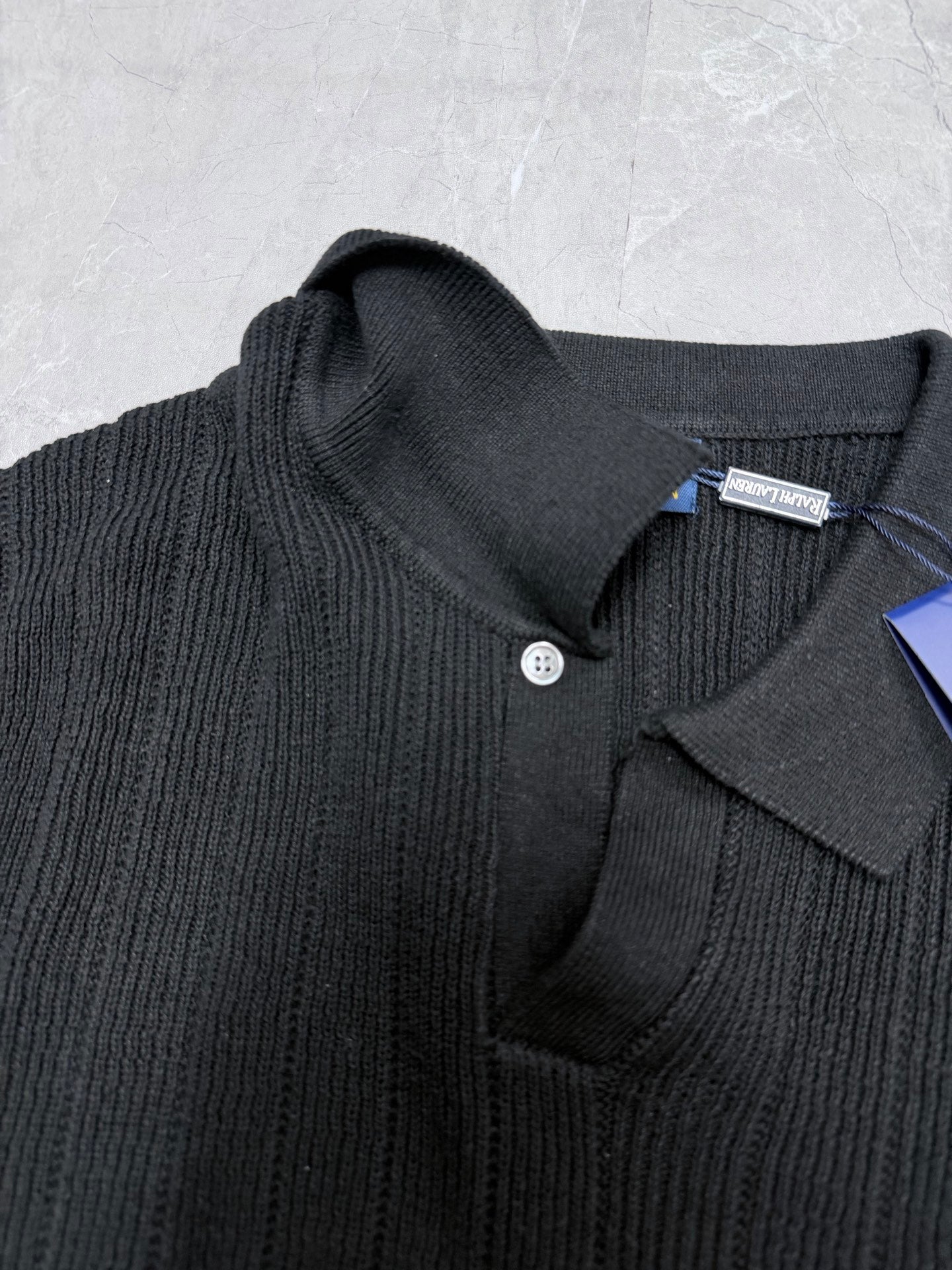 Ralph Lauren knit polo collar with button placket and ribbed texture in dark charcoal