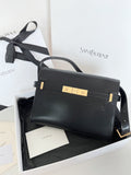 Black YSL structured handbag with gold-tone front closure and top handle