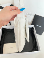 YSL quilted mini handbag, white, side view with stitched panels and strap loop