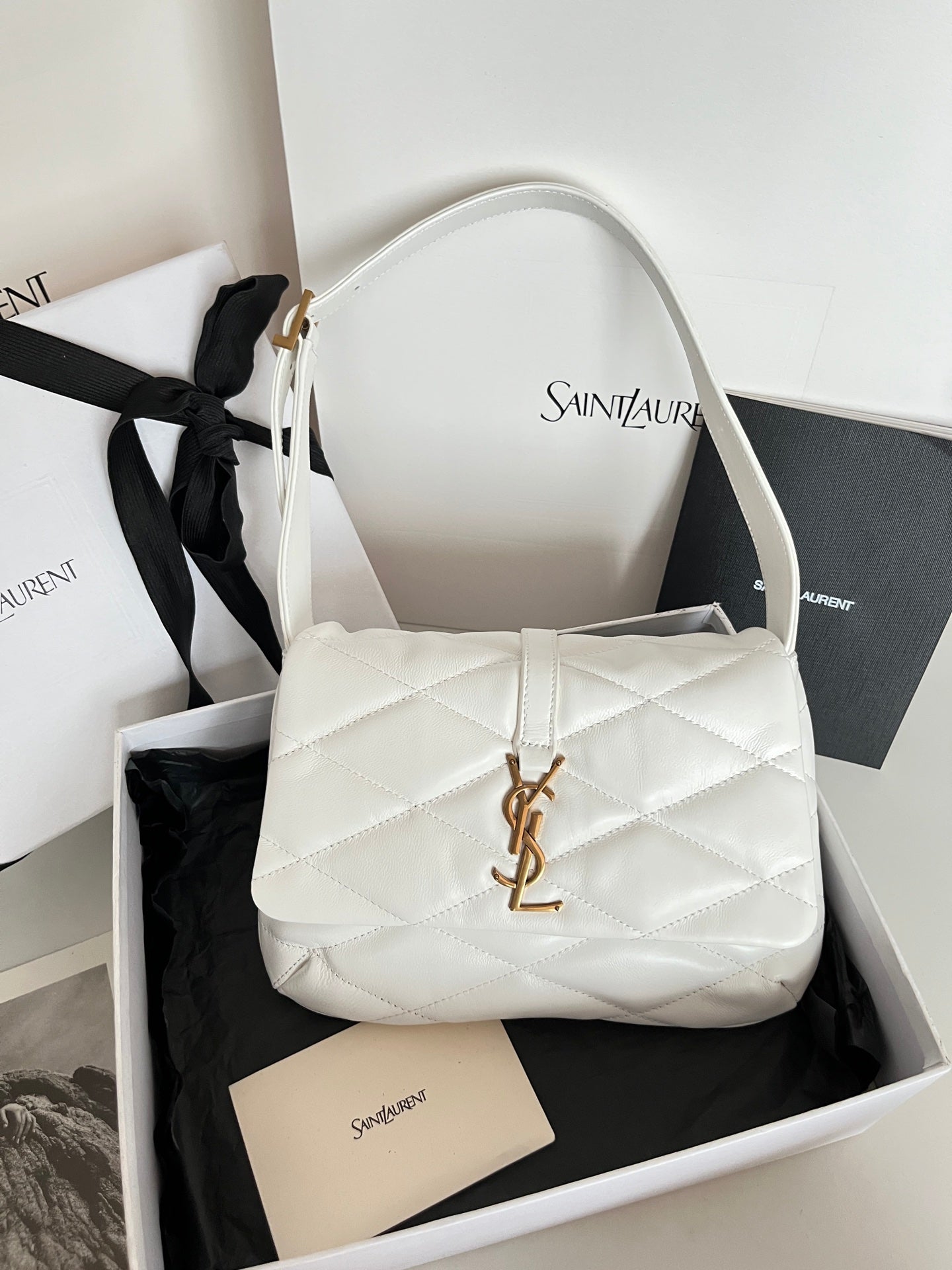 YSL quilted mini handbag, white, top handle, gold YSL logo