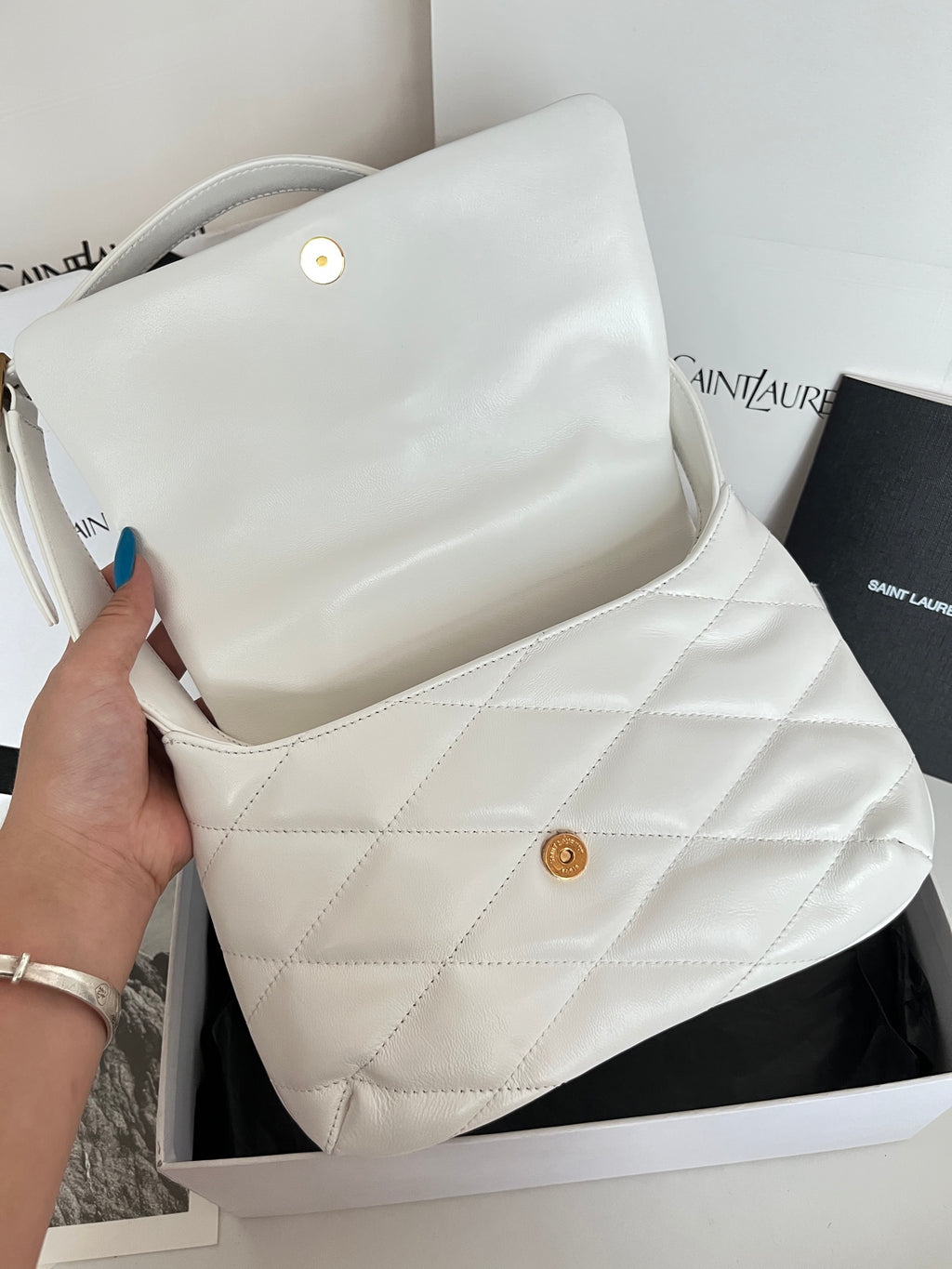 YSL quilted mini handbag, white, top flap with round snap button