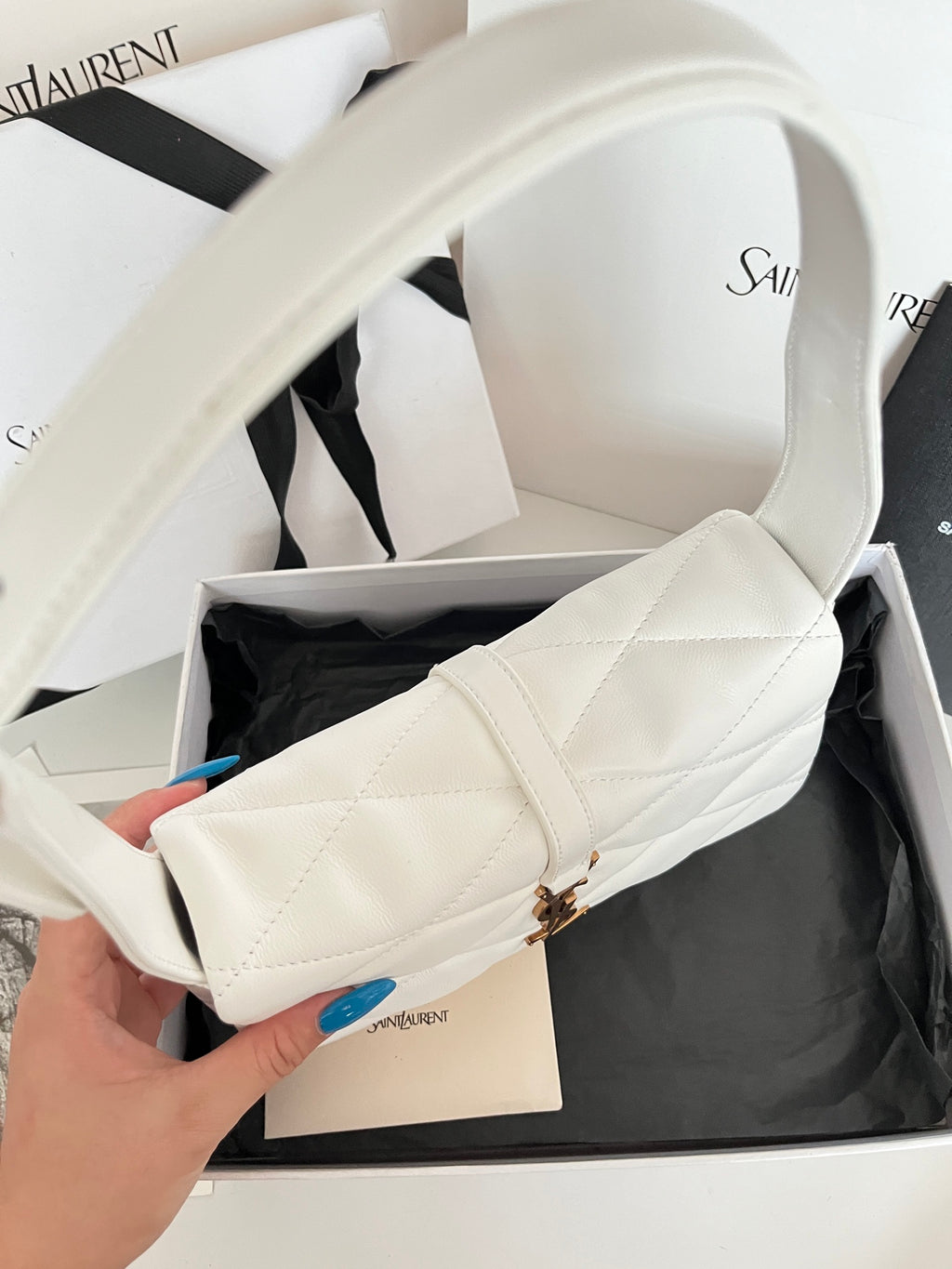 YSL quilted mini handbag, white, top handle and shoulder strap, front flap stitching