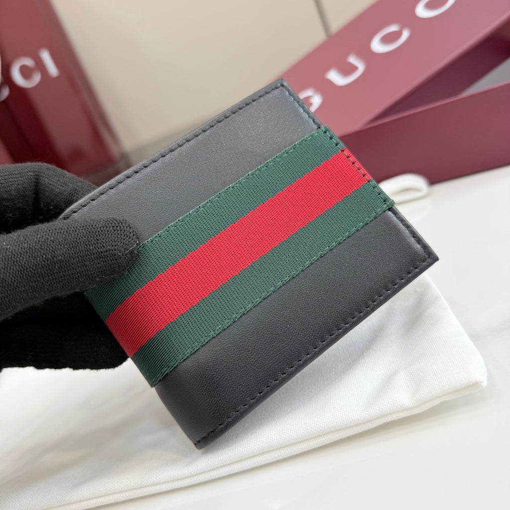 Dark gray leather card holder with green and red horizontal stripe