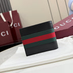Gucci small leather wallet, black with green-red-green web stripe on front panel.
